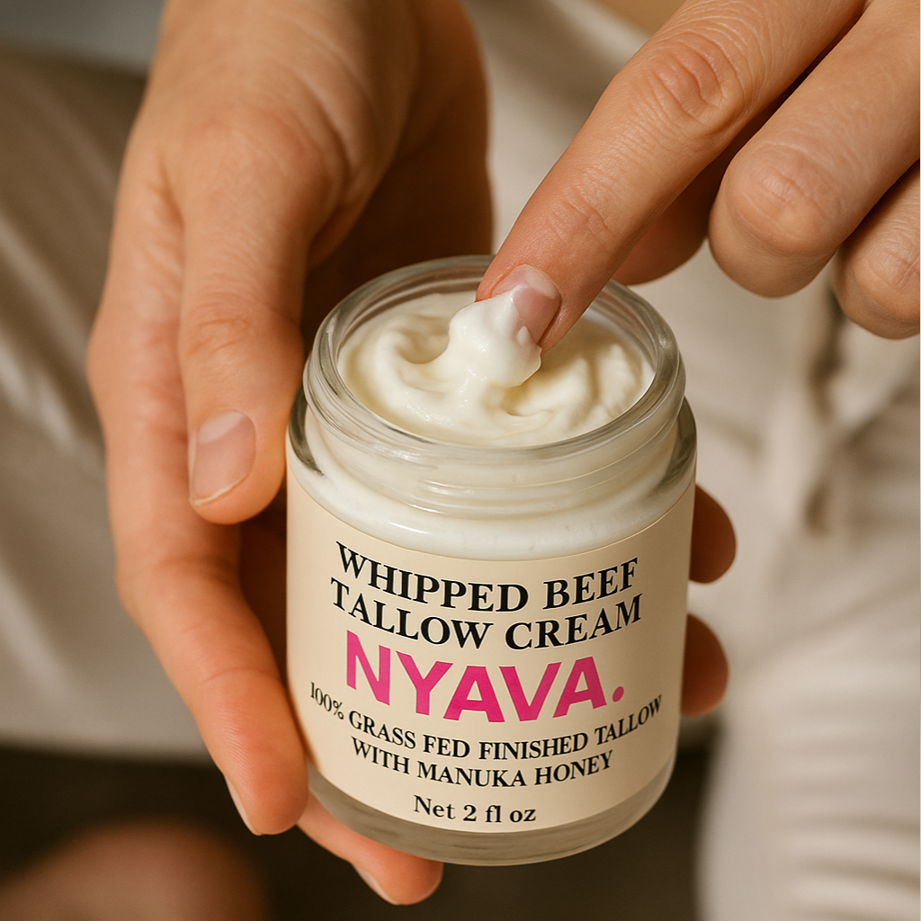 NYAVA. Whipped Beef Tallow and Manuka Honey Cream, 2oz, Organic Face Cream, Moisturizer, Body Lotion, Skin Care and Lip Balm