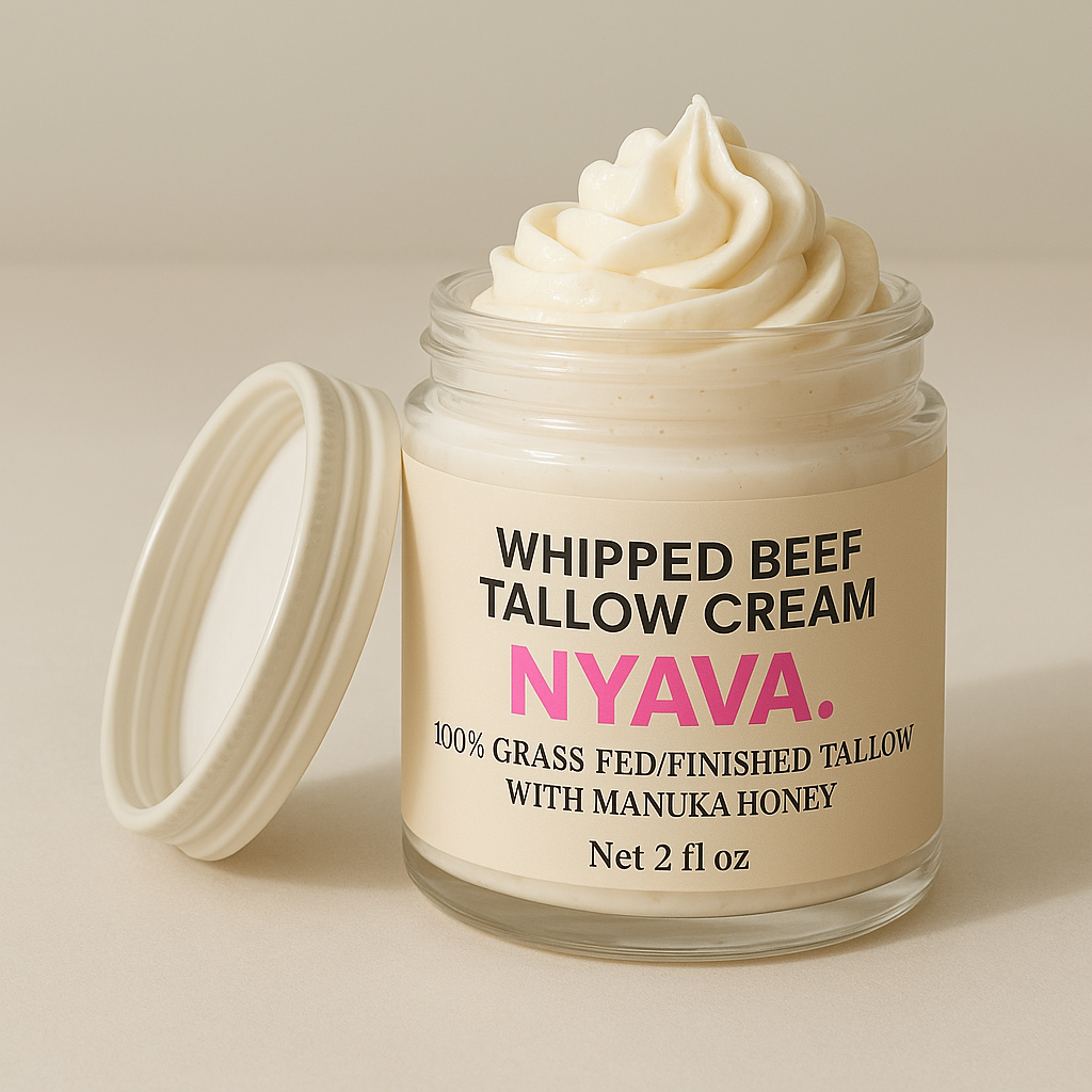 NYAVA. Whipped Beef Tallow and Manuka Honey Cream, 2oz, Organic Face Cream, Moisturizer, Body Lotion, Skin Care and Lip Balm